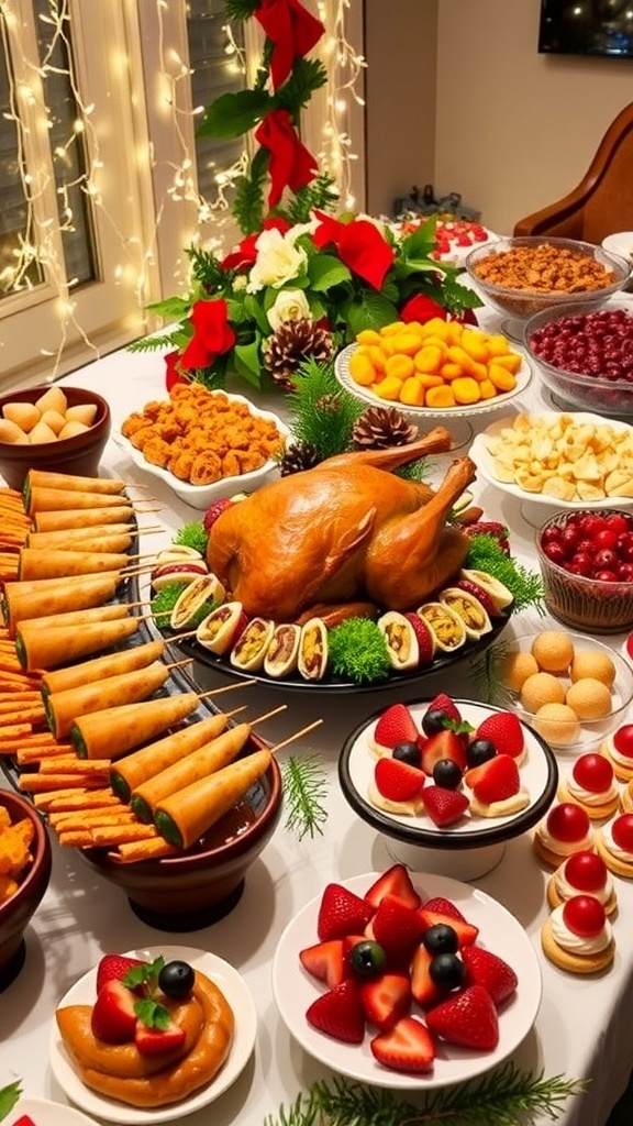 A festive Christmas party food display with appetizers, turkey, and desserts on a decorated table.